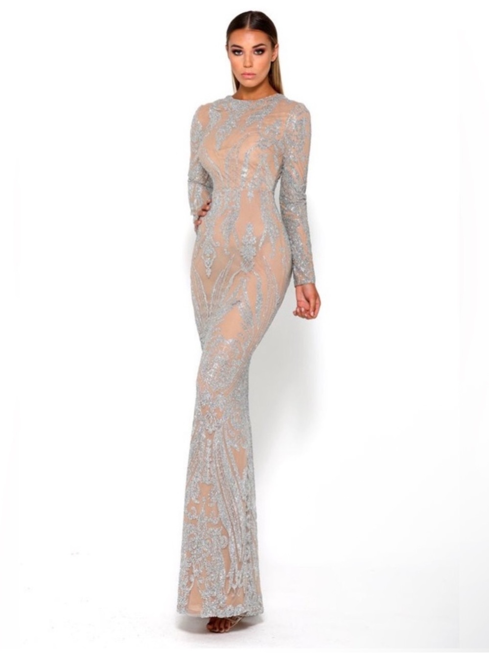 Portia and Scarlett Silver Sequin Long Sleeve Mermaid Gown - Nude